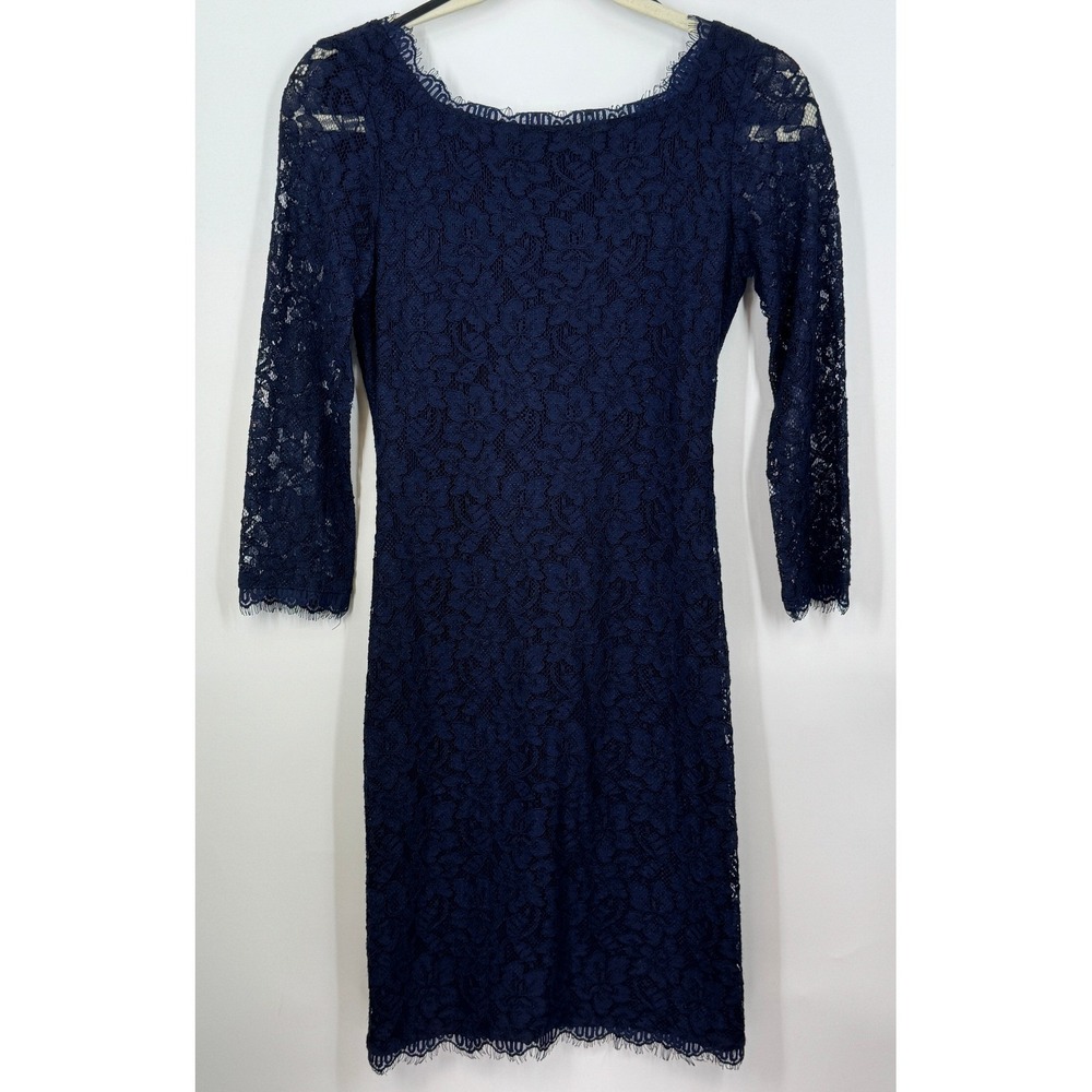 Diane von Furstenberg Navy Lace Sheath Sheer Dress Zipper Front‎ Size 2 Business - Picture 1 of 10